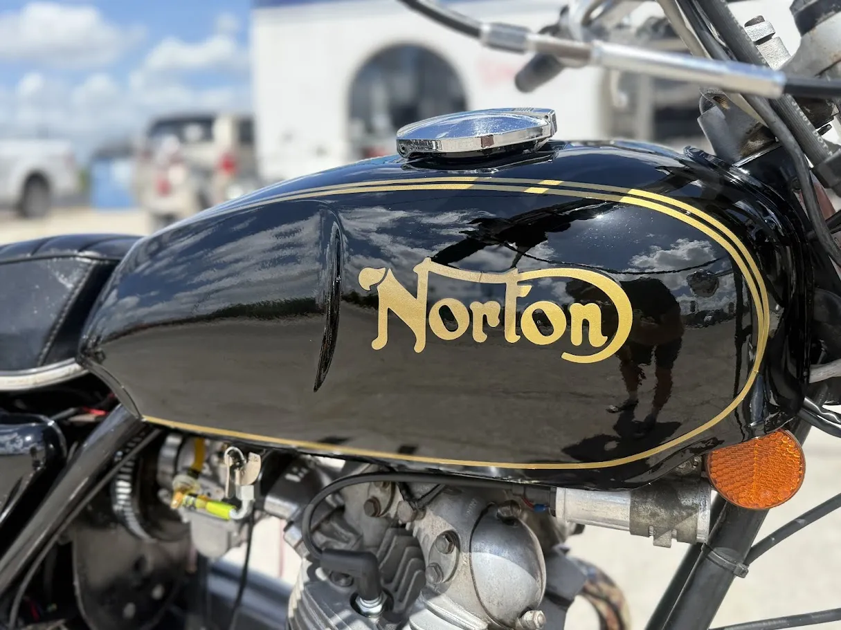 Used 1974 Norton Commando 850 in stock color, side profile, at The Motorcycle Shop San Antonio