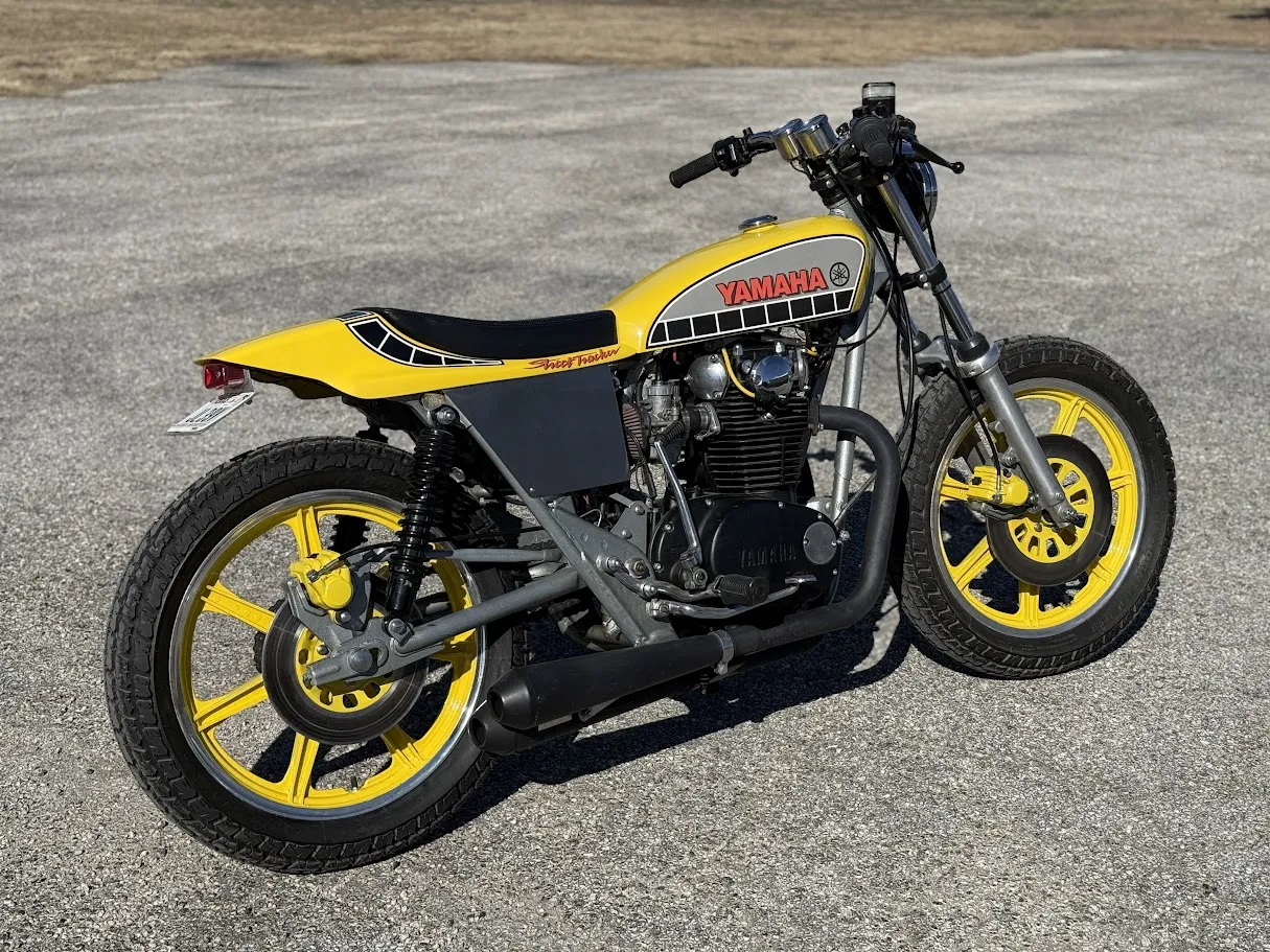 Used 1981 Yamaha XS650 Custom Street Tracker in stock color, side profile, at The Motorcycle Shop San Antonio