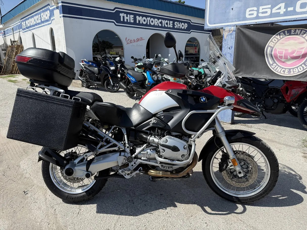 Used 2005 BMW R1200GS in stock color, side profile, at The Motorcycle Shop San Antonio