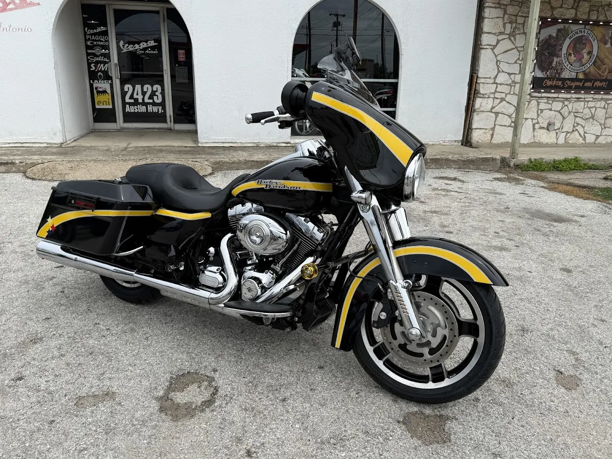 Used 2013 Harley-Davidson Street Glide 103 in stock color, side profile, at The Motorcycle Shop San Antonio