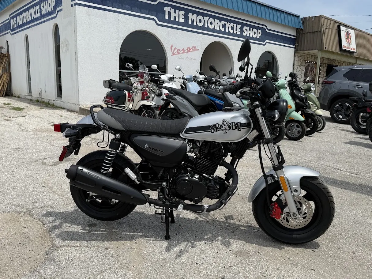Used 2020 Kymco Spade 150 in stock color, side profile, at The Motorcycle Shop San Antonio