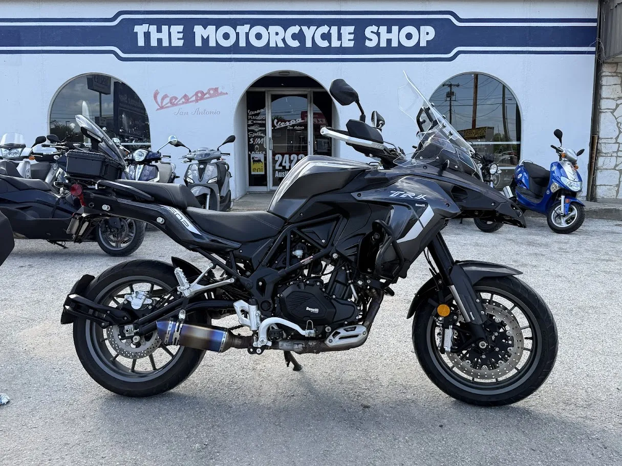Used 2022 Benelli TRK502 Dual Sport in stock color, side profile, at The Motorcycle Shop San Antonio