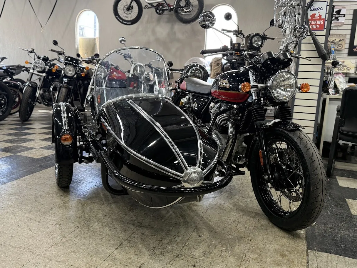 Used 2023 Royal Enfield INT650 w/ Watsonian Grand Prix Sidecar in stock color, side profile, at The Motorcycle Shop San Antonio