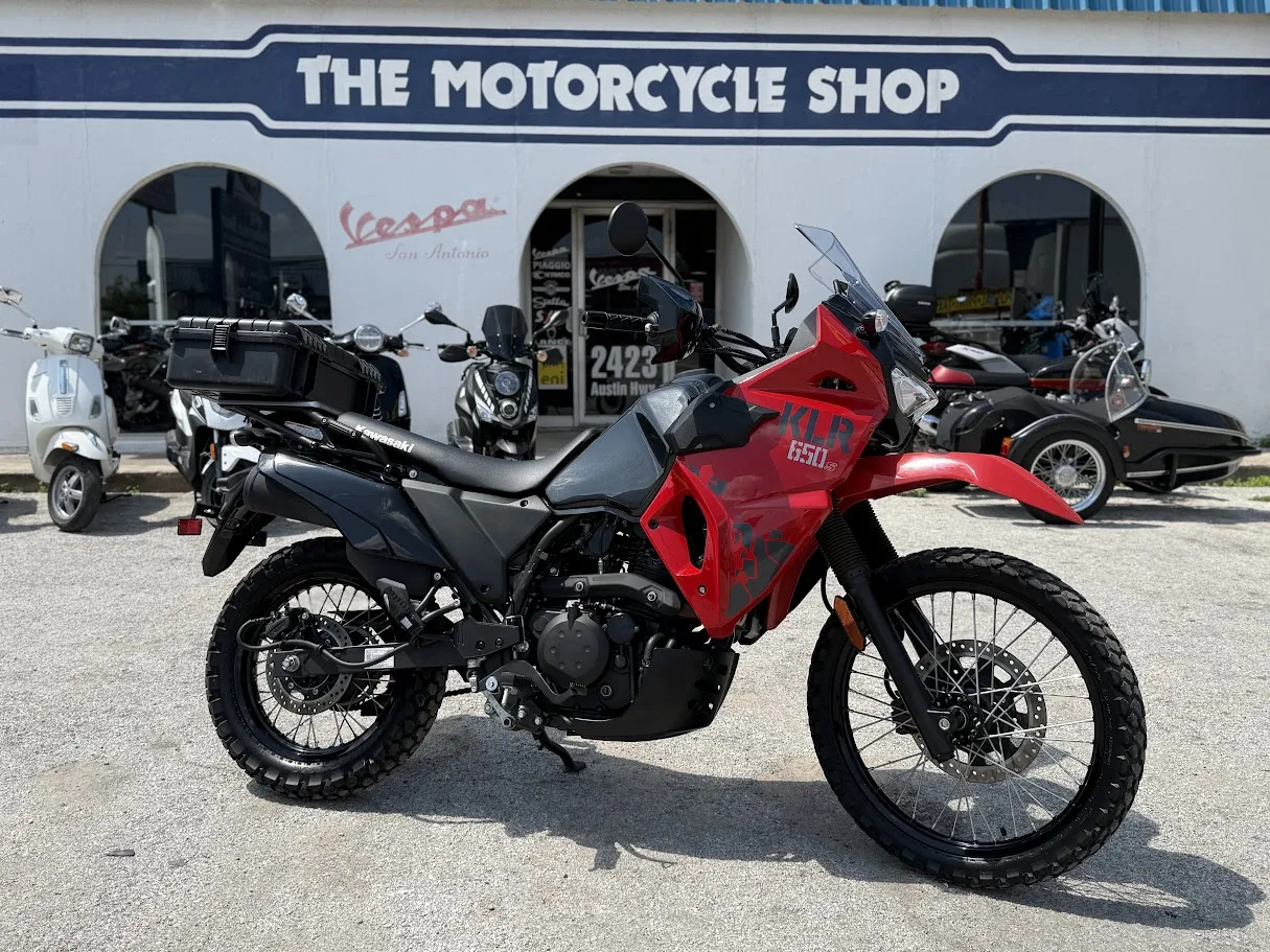Used 2024 Kawasaki KLR650S Low Seat Height in stock color, side profile, at The Motorcycle Shop San Antonio