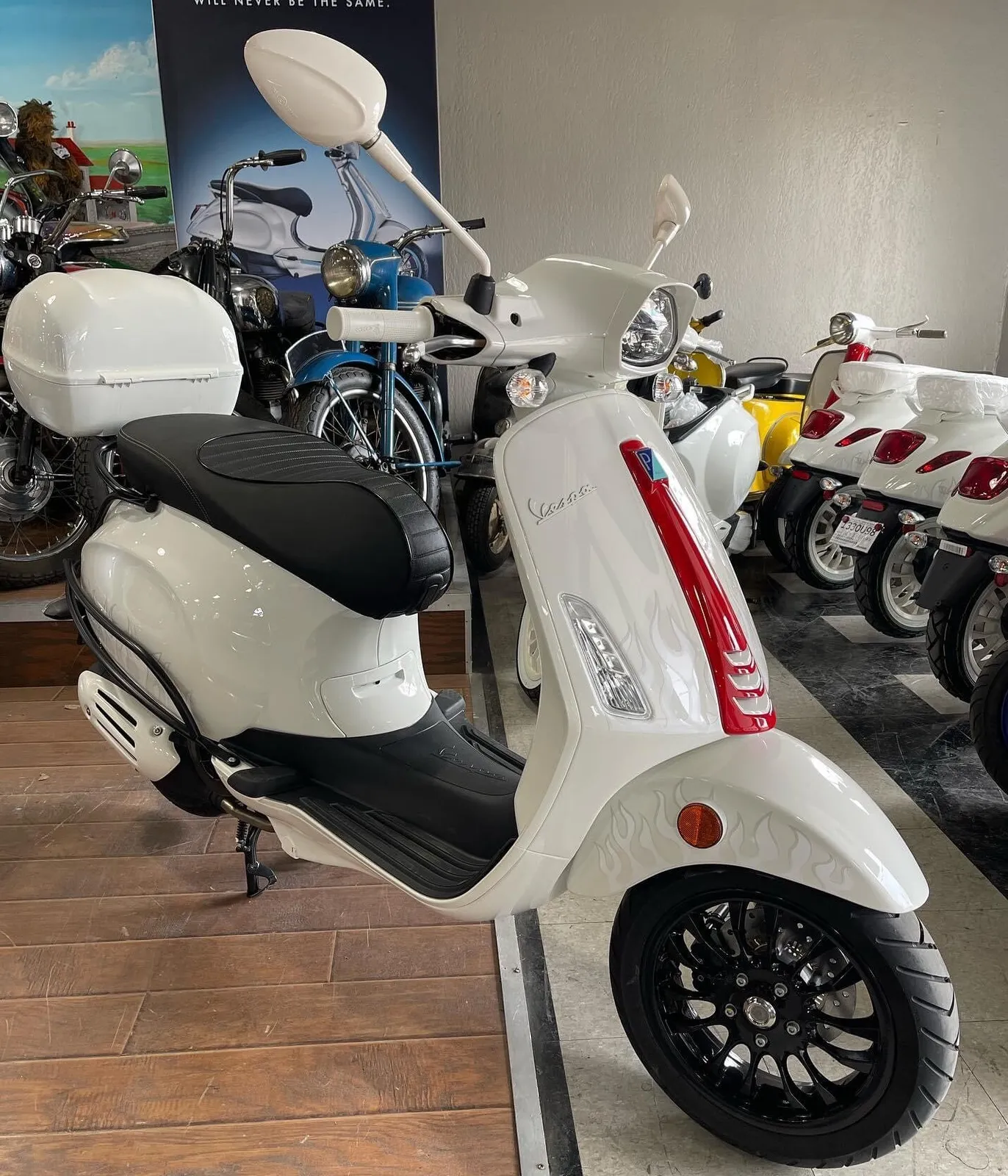 New 2023 Vespa Sprint 150 Sport “Justin Beiber” Special Edition with VESPA PROMO!! in stock color, side profile, at The Motorcycle Shop San Antonio