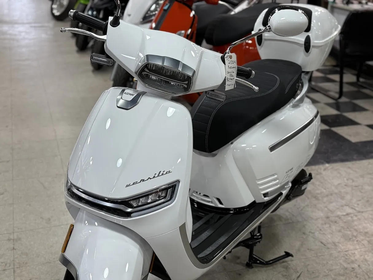 New Keeway Versilia 150 in stock color, side profile, at The Motorcycle Shop San Antonio