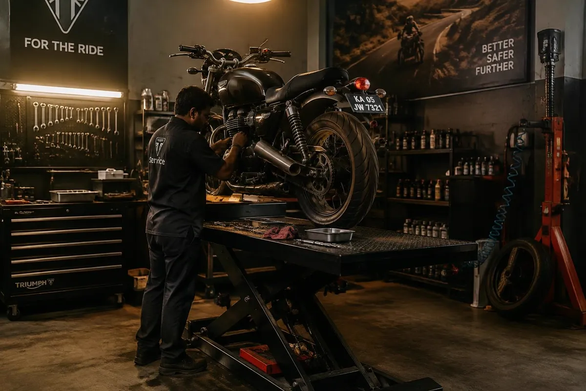 Technician working on a motorcycle in The Motorcycle Shop service bay
