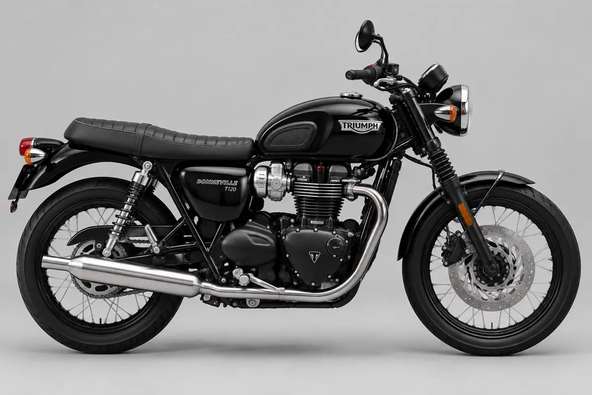 Pre-owned black Triumph Bonneville motorcycle in studio